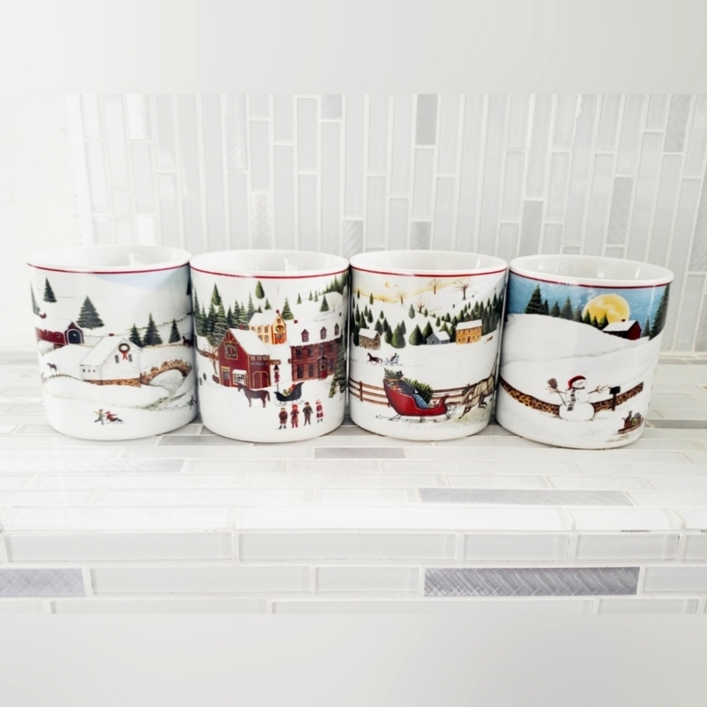 VTG David Carter Brown Christmas Valley Holiday Mugs Cups 2002 Set of 4